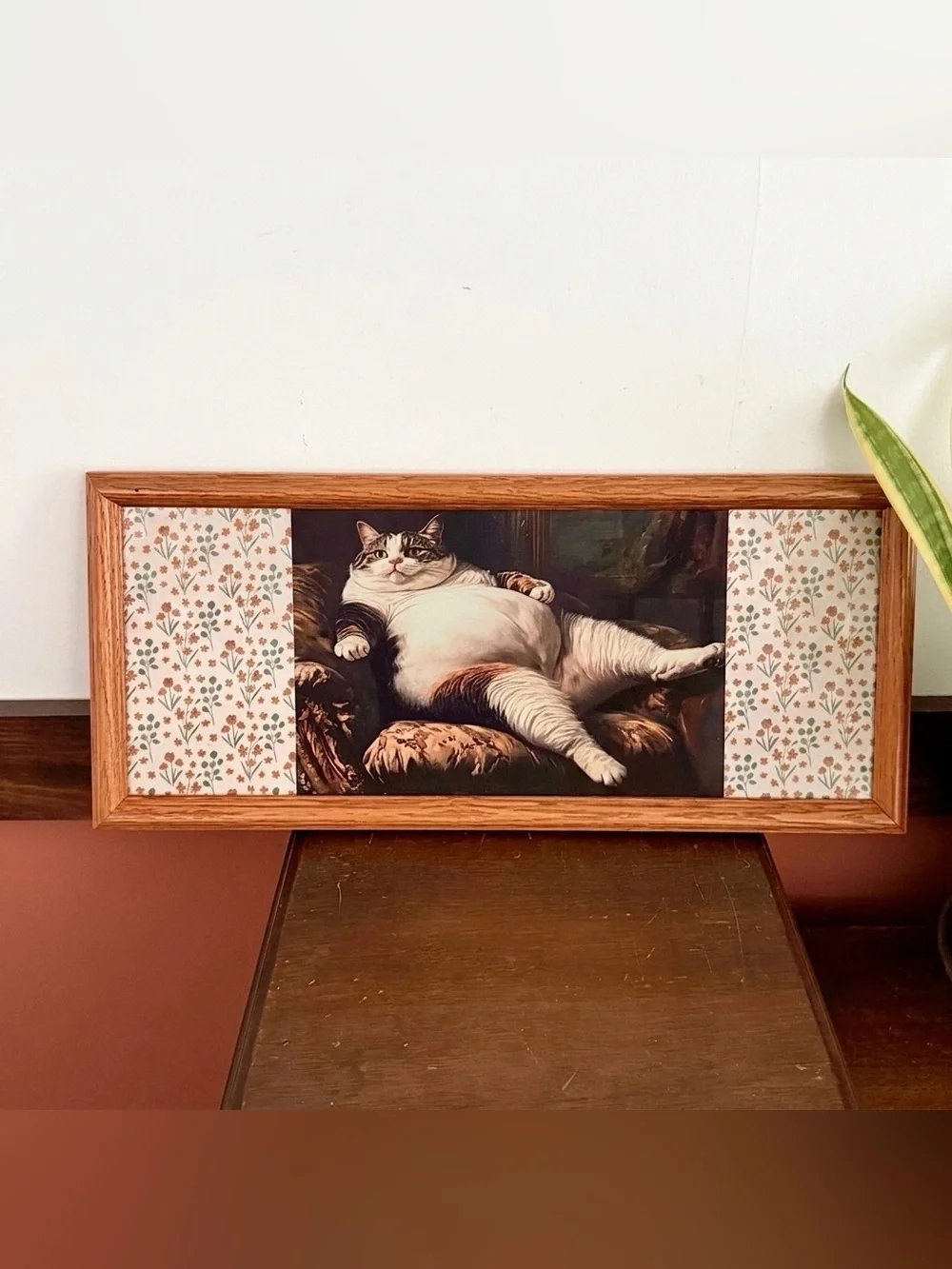 Fat Cat Quirky Canvas Art Print Floral Border Wood Framed Weird Wall Hang Art